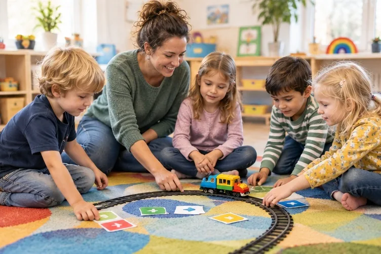 Kleine Kinder entdecken mit Erwachsenen spielerisch Roboter und Tablets