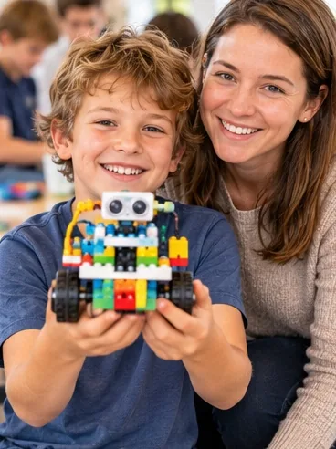Kind zeigt stolz seinen selbst gebauten LEGO-Roboter