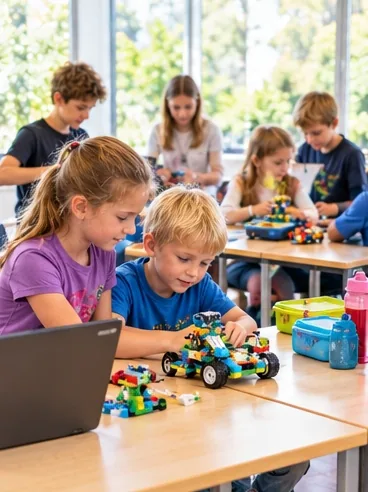 Kinder programmieren gemeinsam in einem Kursraum