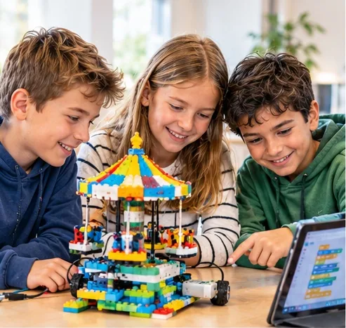 Kinder bauen und programmieren gemeinsam Roboter